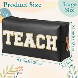 CY2SIDE TEACH Letter Makeup Bag - White TEACH Chenille Letter Patch Cosmetic Bag Black PU Leather Patch Travel Pouch Waterproof Portable Zipper Travel Organizer Case for Teacher Appreciation Gifts