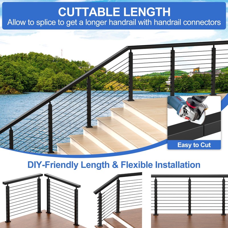PLANTOP 6'6'' Stainless Steel Rectangular Handrail, Cuttable Cable Railing Handrails