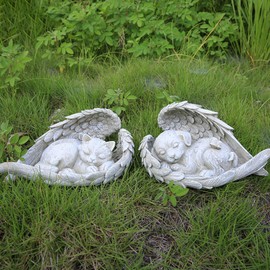 SOONHUA Pet Memorial Stone, Grave Decoration Dog, Dog Memorial Gifts, Gravestone Gravestone Grave Maker Cat Sleeping in Angle Wings Statue Sympathy Gift Dog Angel Memorial Statue