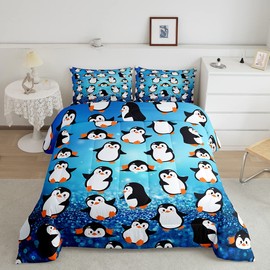 Cartoon Penguins Kids Comforter Set Queen Size,Cute Arctic Pole Animals Bedding Set,Girls Boys Adults Bedroom Decor,Starry Sky Dots Glitter Down Comforter,Blue Romantic Duvet Insert,2 Pillowcases