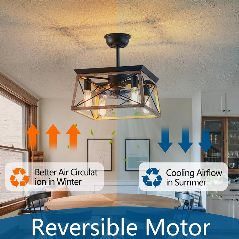 Dalouguan Farmhouse Ceiling Fan with Light, 4-Light Walnut Caged Ceiling