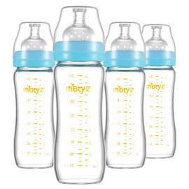 Matyz Glass Breastmilk Baby Feeding Bottle with Nipple, 4 Pack, 8 oz Slim and Light Bottle Easy to Hold, Food Grade Borosilicate Glass, Wide Neck Easy to Clean, No BPA (Blue Lids)
