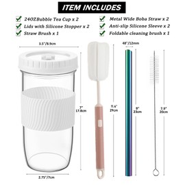Amyoole 2 Pack Reusable Boba Cup,24Oz Wide Mouth Smoothie Cup,mason Jar Glass Cups with Lids and Straws,Bubble/Boba Tea Cups,Ice Coffee Tumbler 2 colored straws 1 sponge brush(White)