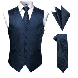 Enlision 3pc Mens Vest Dress Set Navy Blue Paisley Floral Jacquard Vest and Tie Pocket Square Classic Formal Waistcoat for Suit or Tuxedo