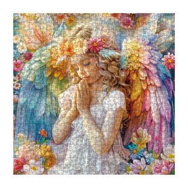 Angel Flower Jigsaw Puzzle 1000 Piece for Adult, Colorful Flower Jigsaw Puzzles, Christian Religious Pretty Fairy Peaceful Prayer Puzzle
