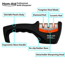 Hom-Aid 3-Stage Knife Sharpener, Diamond rod, Tungsten steel, Ceramic rod Sharpener Head, With Glove, Kitchen Sharpener, Sharpener Rod, Stone. Polish Knife easily(with glove)