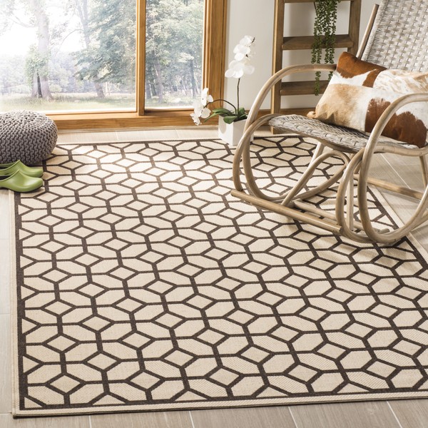 SAFAVIEH Linden Collection LND127B Geometric Indoor/ Outdoor Non-Shedding Easy Cleaning Patio Backyard Porch Deck Mudroom Area Rug, 5'3" x 7'6", Natural / Brown