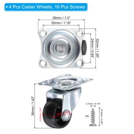 PATIKIL 1" Plate Swivel Caster Wheels, 4 Pack Silent Fixed Plate Casters with M4 Screws Load Capacity 33Lbs for Furniture Cart Trolley, Black(NO Brake)