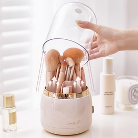 Septseven Cosmetic Make Up Organiser, 360° Rotating Brush Organiser with Lid, Cosmetic Rack, Cosmetic Organisers for Room Decor, Dressing Table, Bedroom, Bathroom (Pink)