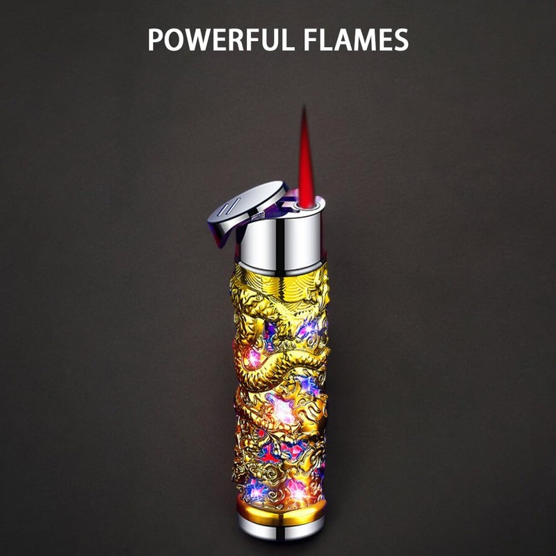 Shiny Dragon Torch Lighter, Butane Soft Flame, Windproof, Red Flame,
