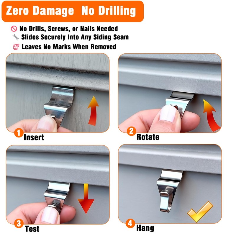 YUNFOOK 14 Pcs Vinyl Siding Hooks, Stainless Steel No-Hole Hangers