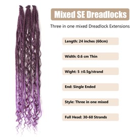 24 Inch Synthetic Dreadlock Extensions Hippie Single Ended Dreads 0.6 cm Width Loc Extensions Reggae Style Crochet Hair for Women (T1B/Purple, 3 Styles Mixed 24 Inch(18 Strands))