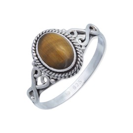 BAGHIMI Oval Ring Made of 925 Sterling Silver, Tiger's Eye