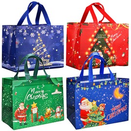 DOJoykey 4pcs Christmas Tote Bags, Reusable Shopping Bag with Handle Non-woven Fabric Christmas Bags Treat Bags for Christmas Party Gift Delivery