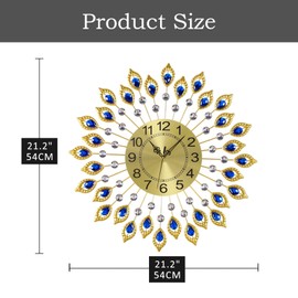JUGV 21.2 Inch Gold Large Wall Clocks for Living Room Decor,Elegant 3D Modern Wall Clock with Dial Arabic Numberals Non-Ticking Silent Big Wall Clocks,Diamond Round Home Decoration Kitchen Clocks