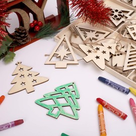 N&T NIETING 27PCS Christmas Wooden Ornaments, 4 Inch Unfinished Xmas Tree Cutouts Hanging Ornaments for DIY Kids Gifts Holiday Party Home Indoor Winter Xmas Boho Decorations