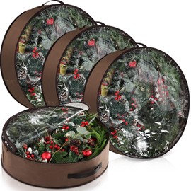 Vincreem 4 Pack Christmas Wreath Storage Container Wreath Storage Box with Clear Window and Handles Upgrade Oxford Cloth Garland Storage Bags with Dual Zipper for Xmas Wreath wrapping(Brown,30 Inch)