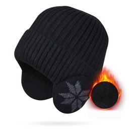 YAMEE Knitted hats for men with ear flaps, warm, elastic, beanie, men's plush, thickened, cold protection, winter hat, women's knitted hat, windproof, hat for men, women, outdoor, sports, running,
