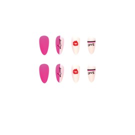 Heart Press on Nails Medium Almond Valentines Day Fake Nails, Red Lip Black 'love' Design White Pink Frosted Acrylic Nails Kit, False Nails New Year Fashion Nail Decorations 24 Pcs