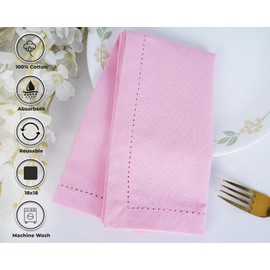 Blue Needles Hemstitch Linen Napkins - 100% Cotton Set of 12 Cloth Dinner Napkins 18x18 inches - Soft, Reusable and Washable Napkins, Ideal for Events, Parties & Everyday Use - Blush Pink