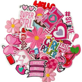 AXEN Embroidered Iron on Patches for Girls, Pink Girls Applique for Clothes, Hat, Backpack, Jeans, DIY Accessories, Pack of 30