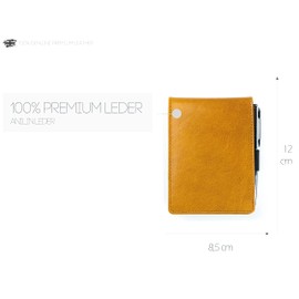 DELMON VARONE - Notepad Case DIN A7 Including 2 x Notepads and 1 x Mini Ballpoint Pen Reporter Pad (Brown) Premium Genuine Leather with Pen Loop, Slip Pocket & Blank Pad Unlined & Tearable