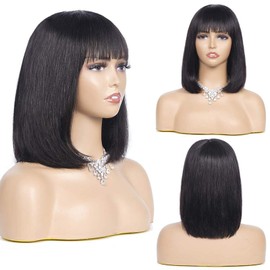Bob Wig Black Short Bob Wig Straight Human Hair Wig with Bangs No Lace Wig for Women 14 Inches