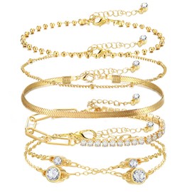 17IF 5 Pcs Gold Chain Ankle Bracelets 7.48" Long For Women 14k Gold Plated Cubic Zirconia Tennis Bracelet Trendy Half Diamond Link Stackable Adjustable Bracelet Summer Jewelry Gift
