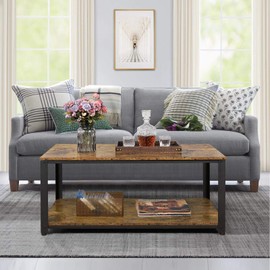 Yaheetech Industrial Coffee Table with Storage Shelf for Living Room, 2-Tier Wood Table with Stable Metal Frame, Vintage Accent Furniture Table for Home