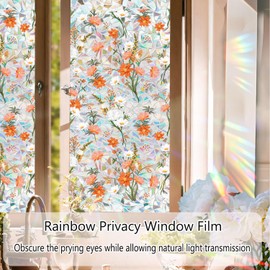 Window Privacy Film, Stained Glass Window Film, Removable Privacy Window Clings, 3D Daisy Rainbow Static Cling Window Stickers, Anti-UV Window Tint for Bedroom Living Room Kitchen, 16.9 x 39.3 inches