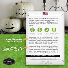 Survival Garden Seeds - Casper Pumpkin Seed for Planting - 5 Packs with Instructions to Plant and Grow in Your Home Vegetable Garden - Non-GMO Heirloom Variety