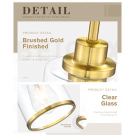 Beionxii Brushed Gold Pendant Lights Kitchen Island, Modern Kitchen Pendant Lighting Over Island, Hanging Lights with Clear Glass for Sink, Dining Room, Entryway, BX-PL02BG-CG (Only 1-Pack)