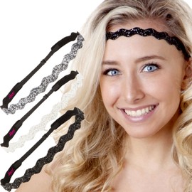 Hipsy Adjustable Non Slip Wave Bling Glitter Headbands for Women Girls & Teens 3-Pack (Black/White/Gunmetal)