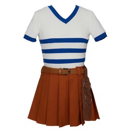 haikyuu Anime Cosplay Costume White Blue Stripe Top Yellow Skirt Set with Belt (medium)