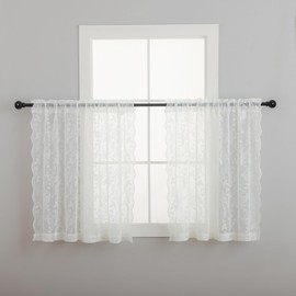FINECITY Short Lace Curtains 36 Inch Length for Small Window, Rustic Leaf Floral Design Lace Cafe Curtains 2 Panels, Rod Pocket Privacy Sheer Lace Curtains, 42 x 36 Inch, 1 Pair, Ivory