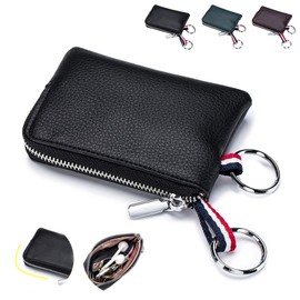 Cartera de Cuero para Monedero, Mini Monedero Delgado con Cremallera "L", Billetera Clásica Vintage con Doble llavero para Hombres y Mujeres, Negro