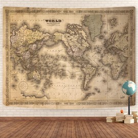 GOAOK Retro Old World Map Tapestry, Vintage Map Asian Northern European Topography Earth Educational Tapestry for Classroom, Brown Adventure Travel World Map Office Tapestry Wall Art 80"X60"