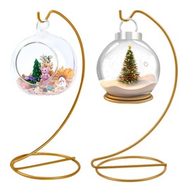 DELORIGIN 2pcs Ornament Display Stand Holder Glass Globe Golden Iron Wire Stand Hanging Hook Holder Rack for Christmas Bauble Lanterns Hanging Air Plant Terrarium Witch Ball Decor DIY Craft Display
