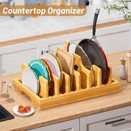 Bamboo Pot Lid Organizer, Pots and Pans Organizer Holder, Organizer Holder Rack for Countertop Drawer, Kitchen Organizer with 7 Adjustable Dividers for Pots, Pans, Baking Sheets, Cutting Boards