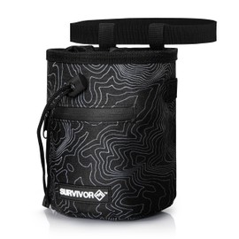 SURVIVOR Chalk Bag - Draw String Closure, 2 Zippered Pockets & Brush Holder - Chalk Bag for Rock Climbing, Bouldering, Weightlifting (Black)