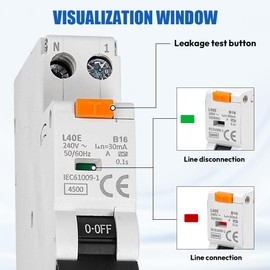 FI Circuit Breaker 16A, FI/LS Switch, RCBO B16A 30mA, Residual Current Circuit Breaker, 16 Amp Rated Current RCD Protected Circuit Breaker, DIN Rail Mounting, Type A, 240V, 1P+N, Curve B (B16)