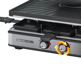 GIVENEU Raclette Grill, Electric Indoor Grill Table Portable, 2 in 1 BBQ Grill with Reversible Non-stick Plate and Stone, 1200W Fast Heating with 8 Cheese Melt Pans, Temperature Control