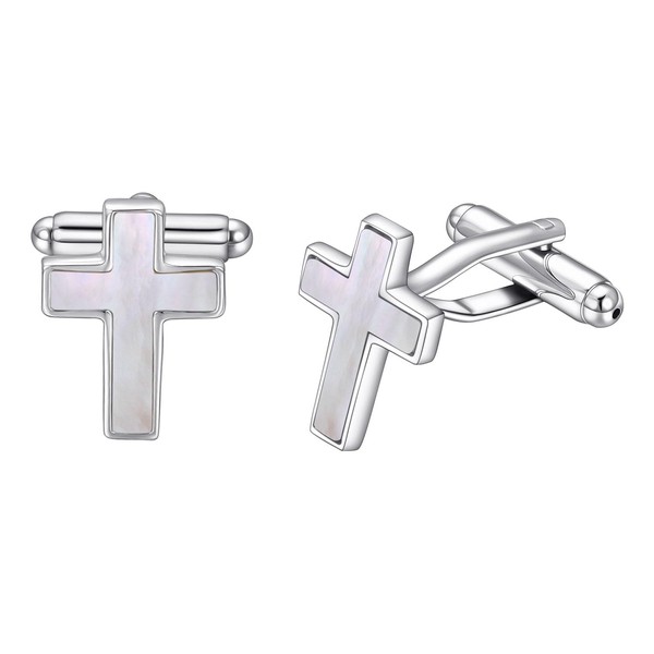 RunootPR Personalized Silver Cross Cufflinks for Men Mother of Pearl