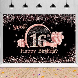 Happy 16th Birthday Decorations Backdrop Banner for Girls Happy 16 Years Old Party Fabric Sign Poster Girl Birthday Black and Rose Photo Background Sweet 16th Birthday Party Supplies, 59"x35.4"