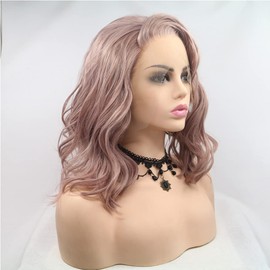 Xiweiya Short Curly Hair Ash Pink 14" Bob Wavy Wig Synthetic Lace Front Wig Side Part Heat Resistant Fiber Bob Soft Hair for Women Girl Makeup