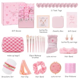 Joyliss Easter Gifts for Tween & Teen Girls, 11PCS Birthday Gifts Basket Teen Girls Gifts Trendy Stuff with Empowering Challenges & Makeup Brushes & Bag, Positive Wrapped Gift Box for Daughter Niece