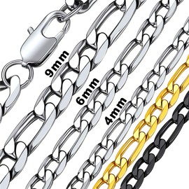Bandmax Classic Figaro Chain Necklace 4 mm/6 mm/9 mm Wide 3:1 Figaro Chain Link Chain for Women Men Boys Girls Hip Hop Figaro Chain Fashion Jewellery 36 cm to 76 cm Gold/Black/Silver, Metal, No