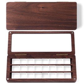 Watercolor Palette Box, Walnut Wood Palette Kit with Cover, 24 Empty Removable Half-pan Grids, Dual Tip Travel Brushes, for Watercolor Gouache Color Mixing, Pure White Palette