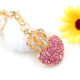 Tobestu Sparkling Heart Crown Key Chain Blingbling Rhinestone Purse Pendant Handbag Charms Pom Pom Car Keyring Bag Decoration Y2222 (Pink)
