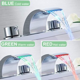 BWE 8 Inch Widespread Bathroom Faucet Modern with Pop Up Drain Assembly with Overflow and Supply Line Led Waterfall 2 Handles 3 Holes Bathroom Lavatory Sink Mixer Tap Chrome